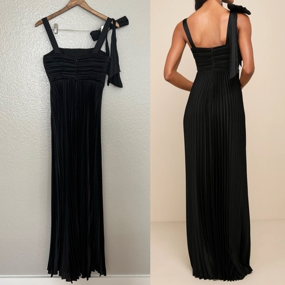 NWOT Gorgeous Purpose Black Satin Pleated Sleeveless Bow Maxi Dress - Picture 2 of 8